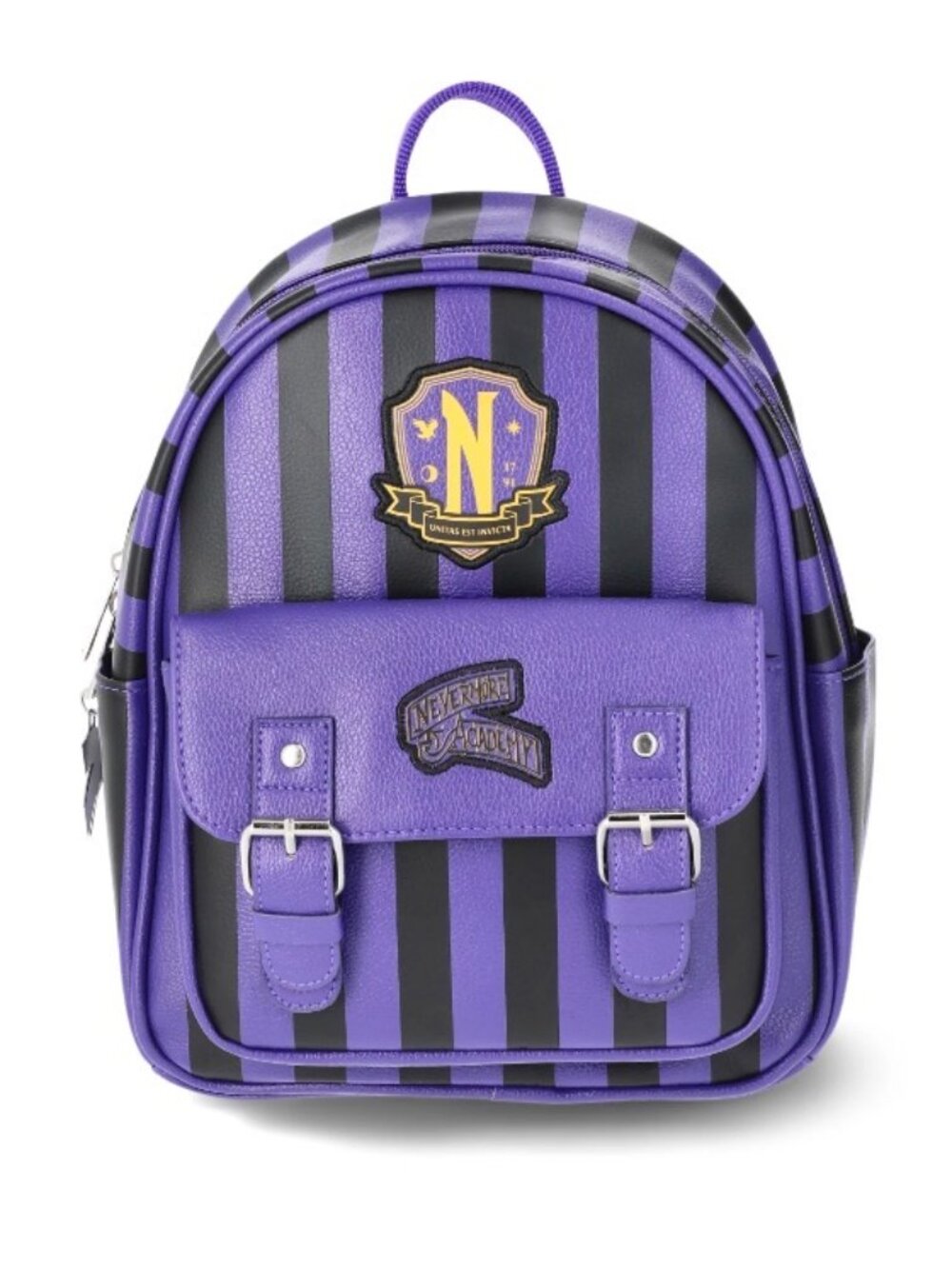 Nevermore Academy Purple Black Striped Backpack Buckle Zip Silver Hardware